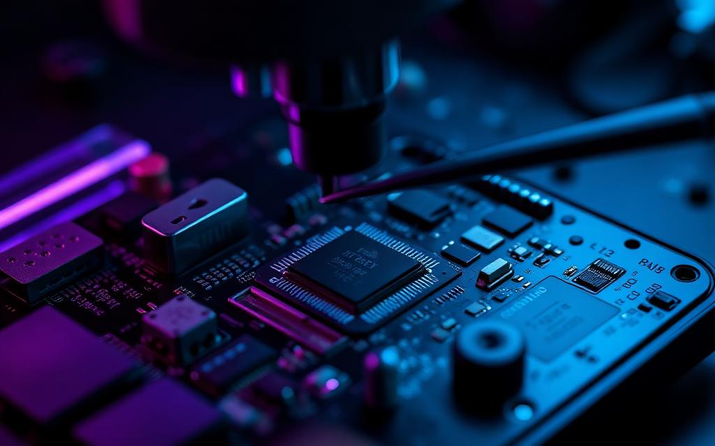 Placa de iPhone em análise no microscópio durante reparo de microsolda